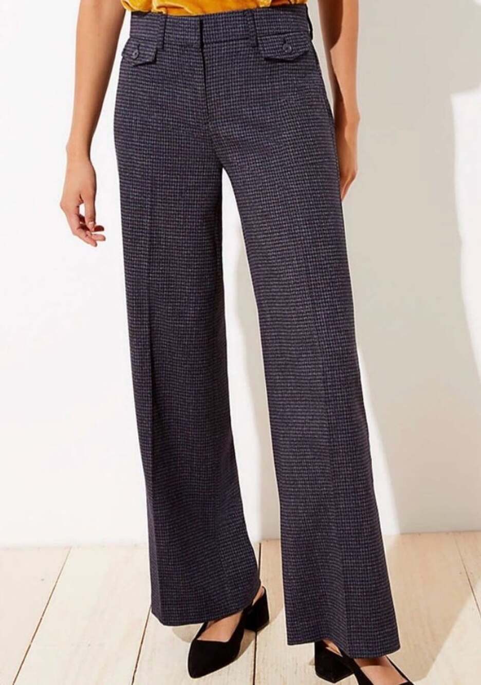 LOFT 8T Tall Women’s High Rise Trouser Pants Navy White Houndstooth Wide Leg